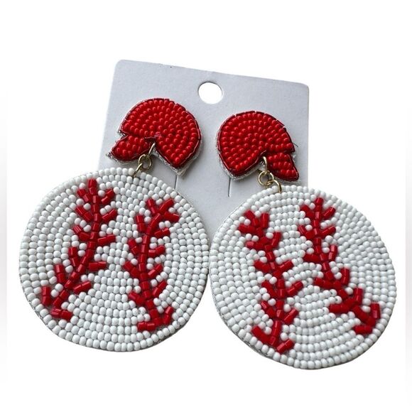 Baseball Earrings Sports Mom Seed Beads Red White - Picture 3 of 3